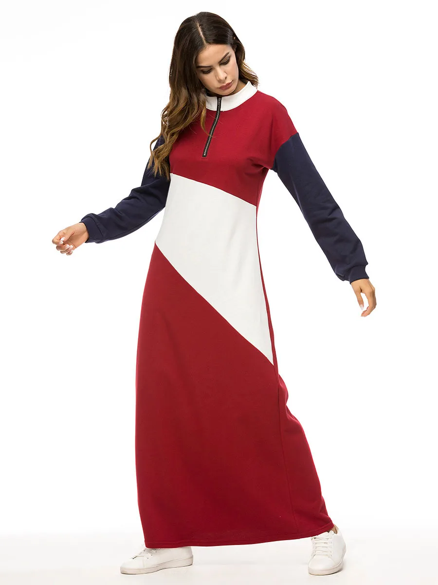 Длинное мусульманское платье Abaya из дубая модное контрастных цветов с длинными