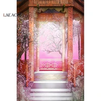 laeacco dreamy chinese pavilion peach blossom natural scene photographic background photography vinyl backdrops for photo studio