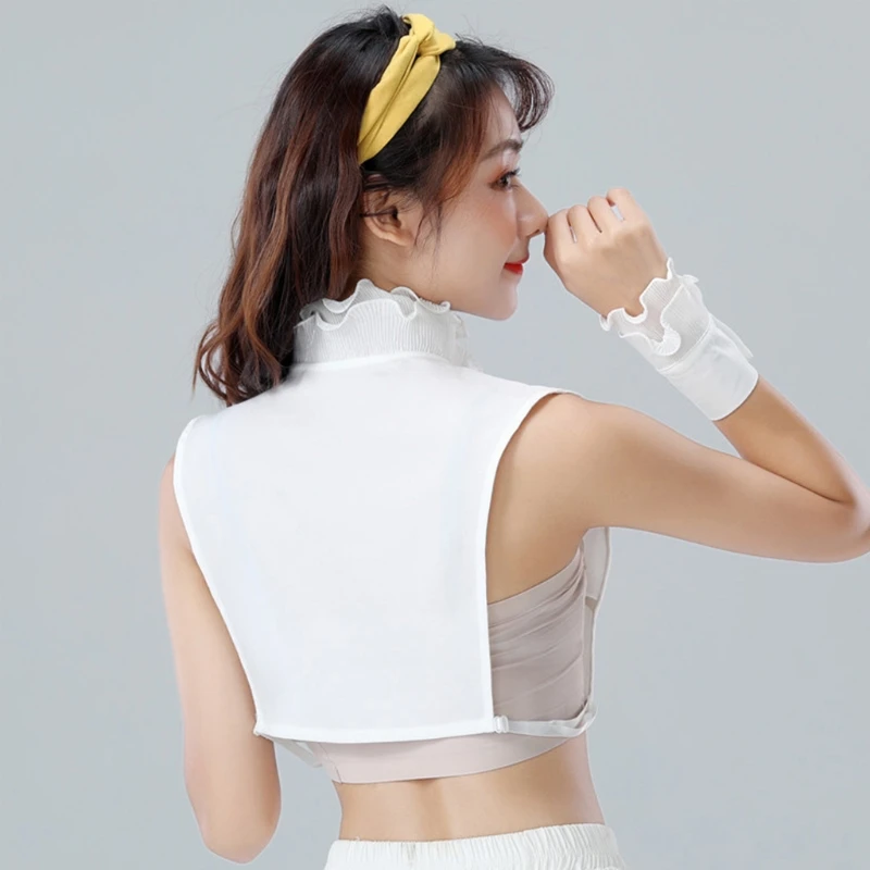 

Korean Women 2 Pieces Layered Ruffled Stand False Collar with Fake Sleeves Wristband Set Button Down Detachable Half Shirt