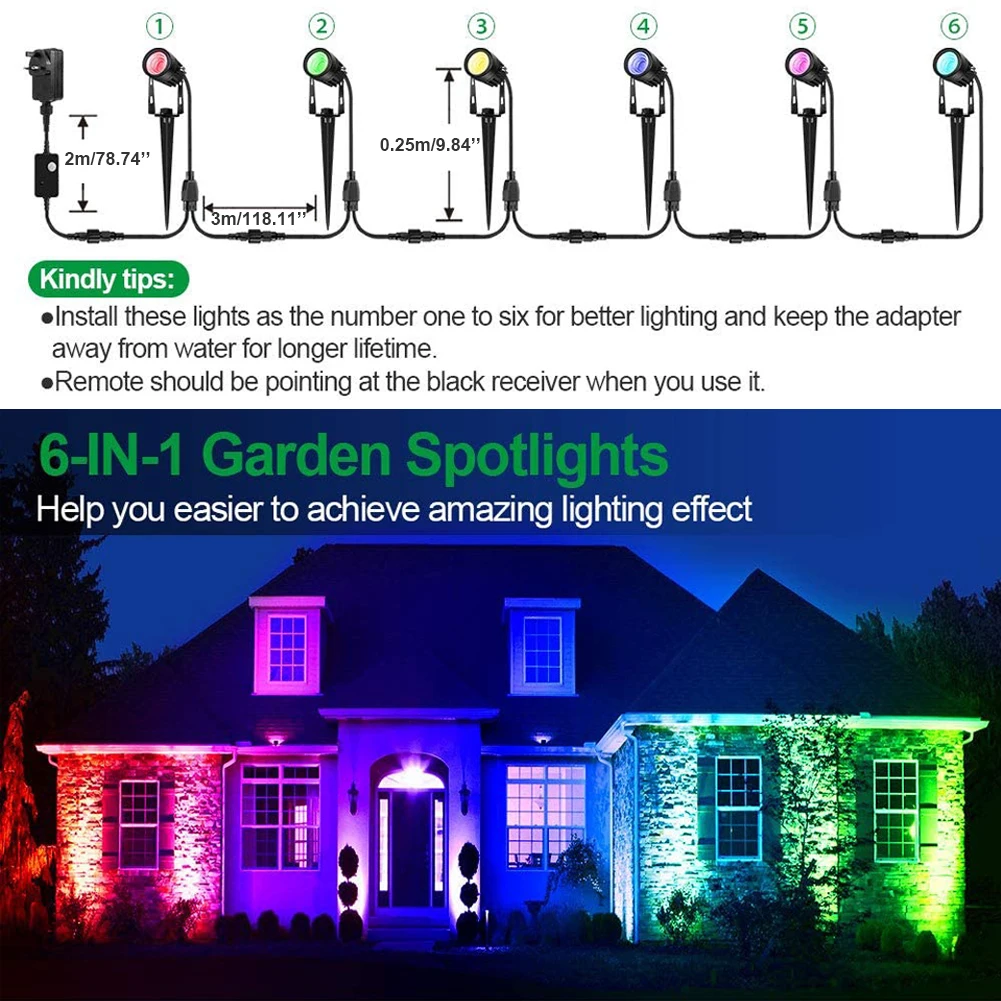 

6 In 1 LED Garden Spotlights 6 Colours Changing With Remote Control Outdoor Waterproof Spike Lights Garden Path Landscape Lamp