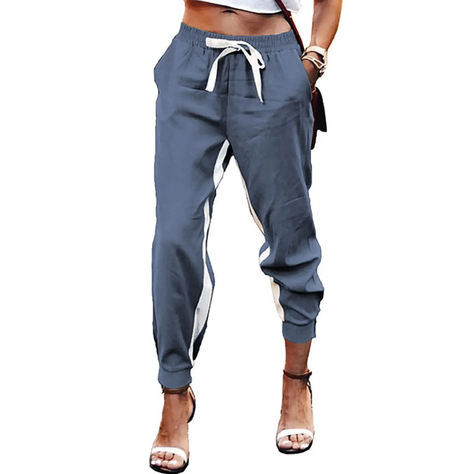 

Spring Autumn Side Stripe Casual Overall For Women Pants Fashion Lace-Up Loose Sweatpant Elegant Trouser Jogger Lady Pocket Pant