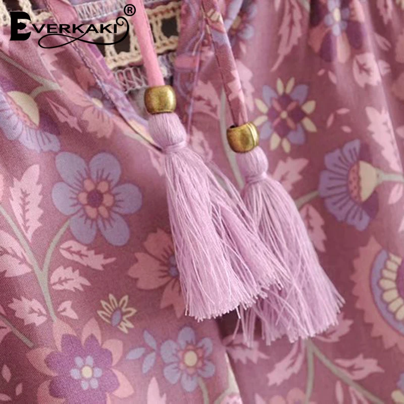 Everkaki Boho блузки с цветочным принтом, Рубашки, Топы, женские, с кисточками, с завязками на шее, с длинными рукавами, винтажные топы, блузки, женские,, Осень-зима