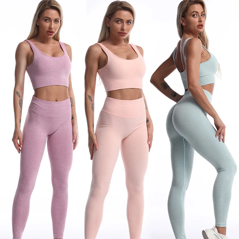

2 Piece Seamless Yoga Set Workout Clothes For Women Ribbed Gym Set Women Sports Bras Yoga Pants Women Gym Clothing