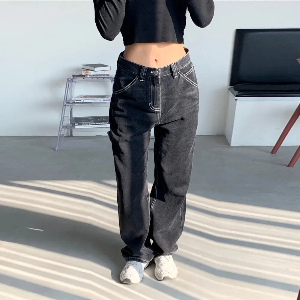 

Autumn Vintage Women Jeans Streetwear High Waist Boyfriend Black Wide Leg Mom Woman Jeans Straight Denim Pants