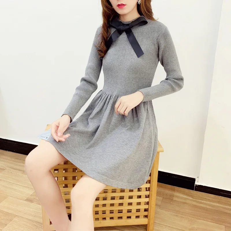 ALPHALMODA осеннее трикотажное платье с длинными рукавами и галстуком-бабочкой, милое женское платье с тонкой талией в консервативном стиле, трикотажное платье