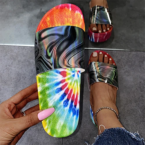 

Summer Women Slippers 2021 Women's Print Flat Platform Rainbow Color Woman Outdoor Beach Shoes Ladies Slides Women's Big Size