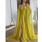 Женское шифоновое платье с разрезом сбоку, Элегантное Платье трапециевидного силуэта желтого цвета с длинной накидкой, шифоновое платье для выпускного вечера, 2022