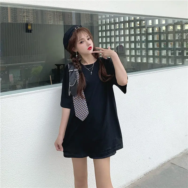 

European and American students' fashion personality tie short sleeve T-shirt women's summer wear yuansufeng large size slim mino