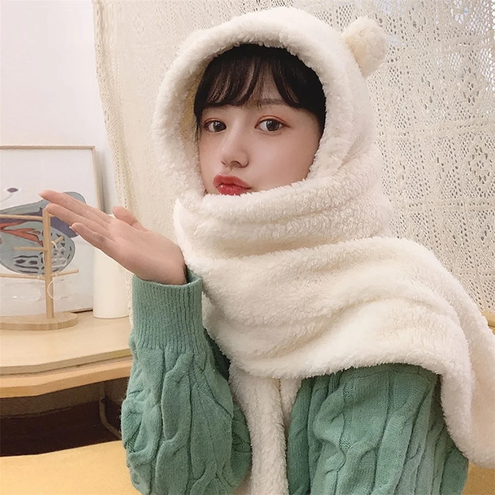 

Winter Women Novelty Caps Warm Cute Bear Ear Hat Casual Plush Hat Scarf Gloves Set Casual Solid Fleece Women Caps