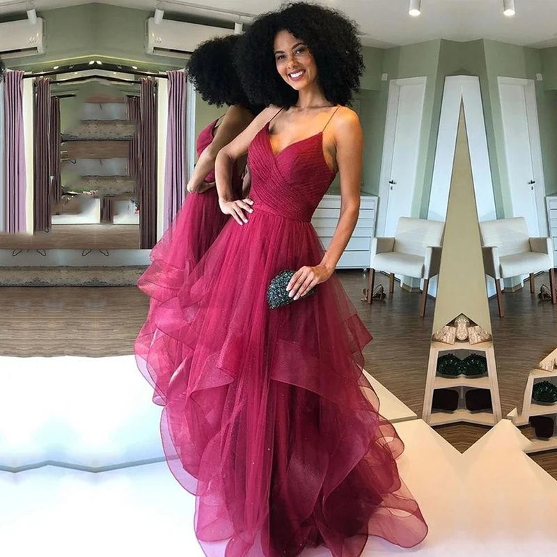 

Burgundy Prom Dresses V-Neck Spaghetti Strap Pleats A-Line Tulle Custom Made Party Gowns Backless Evening Dress for Graduation