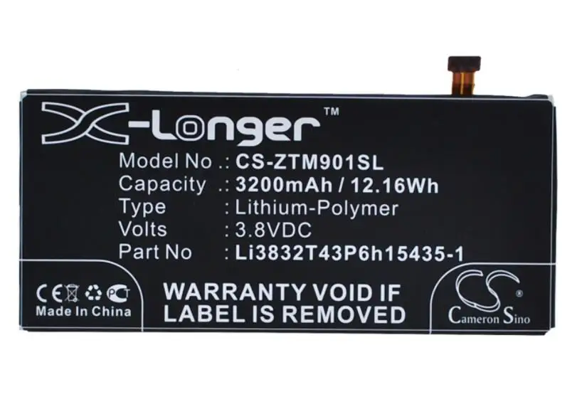 

cameron sino 3200mah battery for ZTE Grand M901C M901Q Memo II X Max Lever LTE Z787 Z936L Li3832T43P6h15435-1