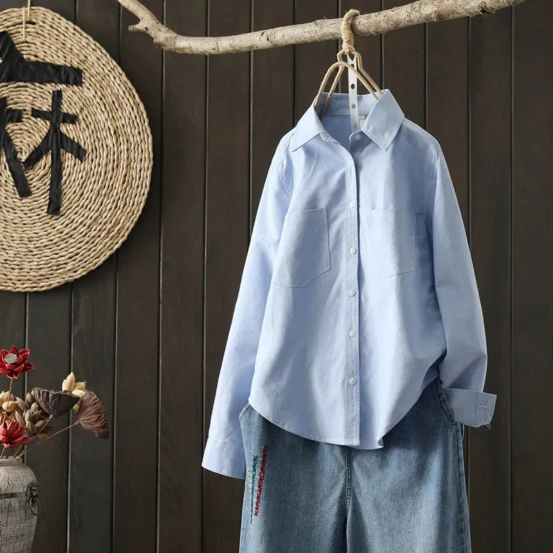 

Women Solid Color Blue White Cotton Shirt Women's Design All-match Long Sleeve Basic Loose Blouse Shirts Tops Clothing Blusas