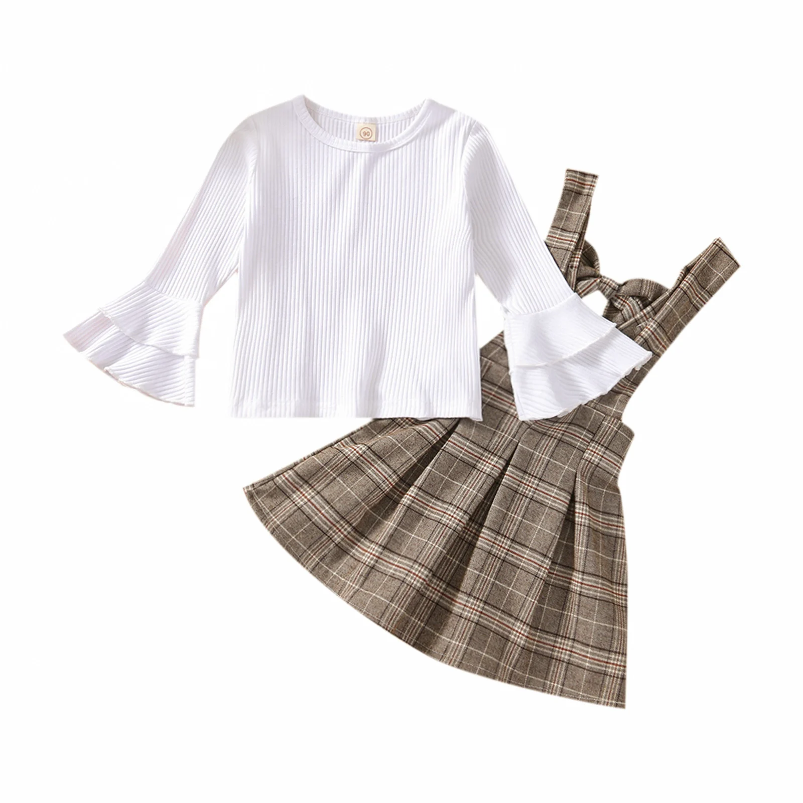 

Комплект одежды Lioraitiin для маленьких девочек 1-6 лет, вязаный Топ в рубчик с длинным рукавом-колокольчиком, сарафан в клетку, юбка, 2 предмета, на осень