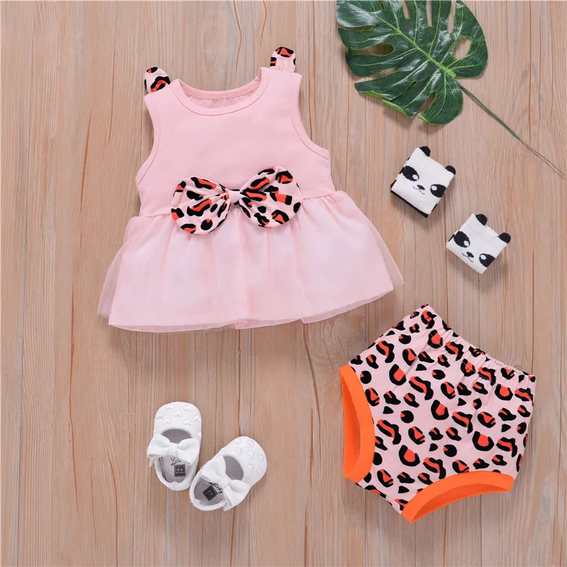 

0-24M Newborn Baby's Leopard Print Clothes Set, Casual Sleeveless O-neck Mesh Hem Tops with Bow-knot Elastic Waist Shorts Summer