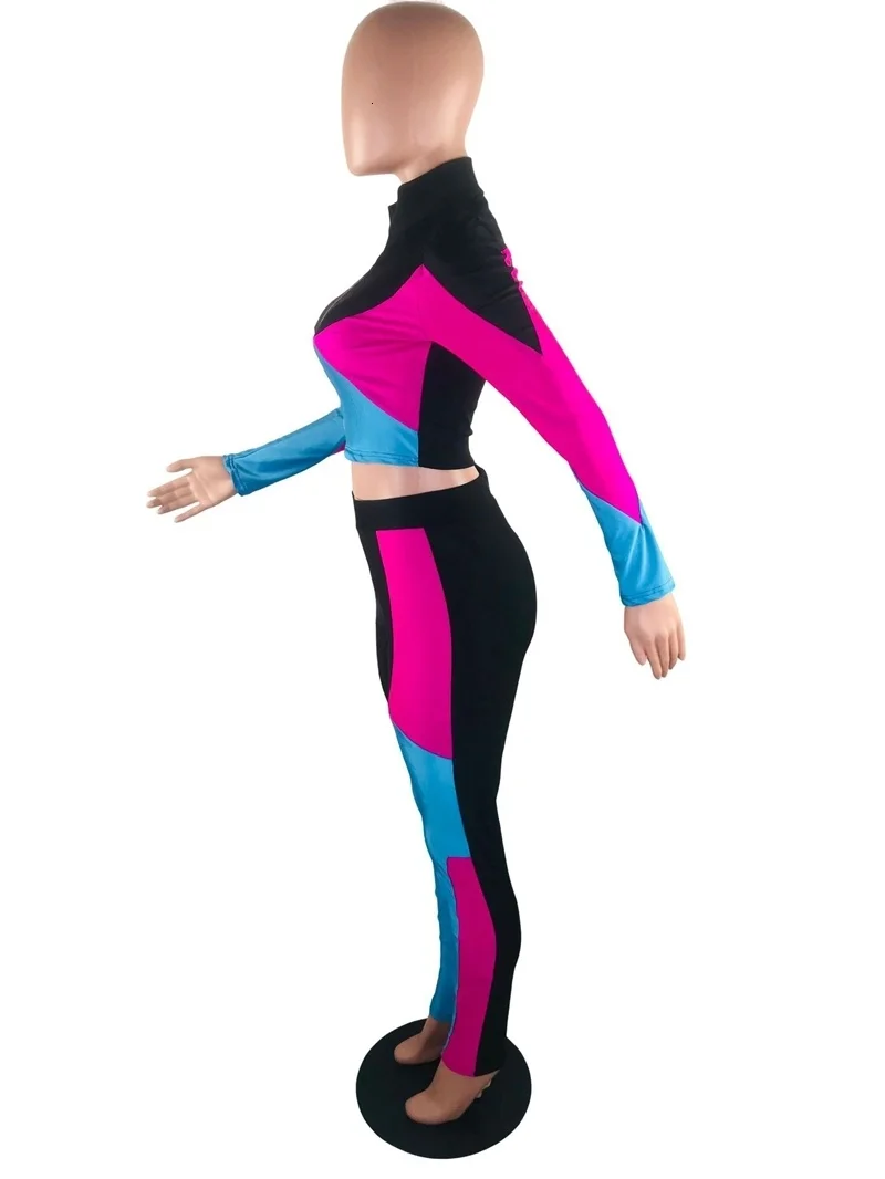 

2020 Color Block Splice Two Piece Set Tracksuit Women Long Sleeve Crop Top And Full Length Pant Sweat Suit Outfits Matching Sets