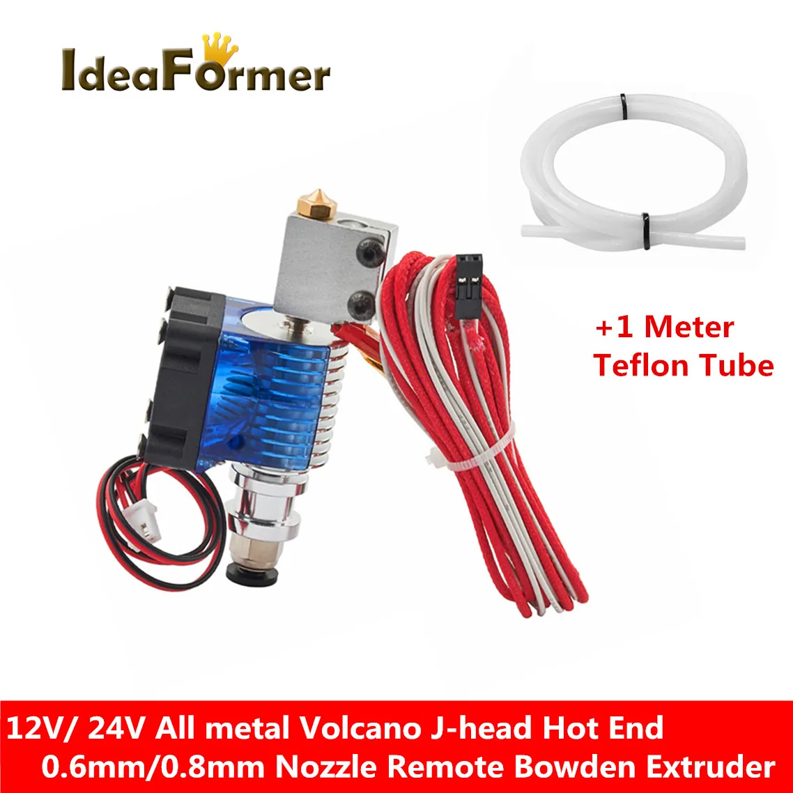 

3D Printer Volcano J-head Hot End Remote Bowden Extruder 0.6/0.8mm Nozzle 12V/24V+Cooling Fan+1M PTFE Tube For 1.75mm filament.
