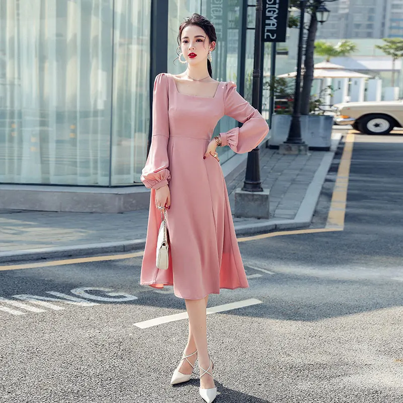 

2021Spring New Elegant Pink /Blue Formal Party Dress Fashion lantern sleeves Slim Midi Long Slit Dress