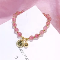 100 real 925 sterling silver beaded strand bracelet lucky day glossy golden color bead flexible chain with strawberry quartz