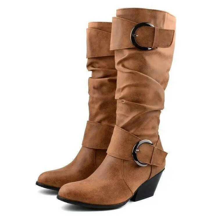 

Womens Round Toe Chunky Heel Buckle Strap Knight Knee High Boots Shoes