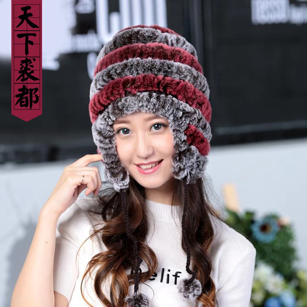 Lady Real Fur Earflap Hats Women Natural Rex Rabbit Fur Beanies Cap Russian Winter Warm Genuine Fur Hat Wholesale