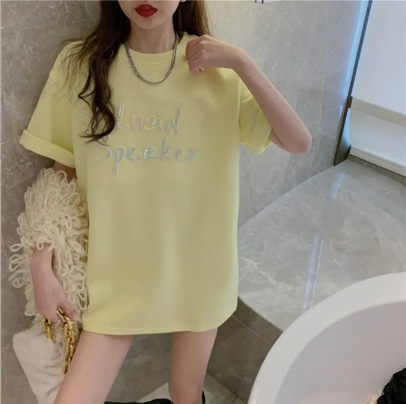 

Letter short-sleeved T-shirt women 2021 summer new mid-length loose casual ladies student sweet fashion top women's clothing