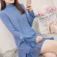 fake two knitted dress female 2020 autumn winter flared sleeves casual loose pleated dresses women chiffon stitching turtle neck