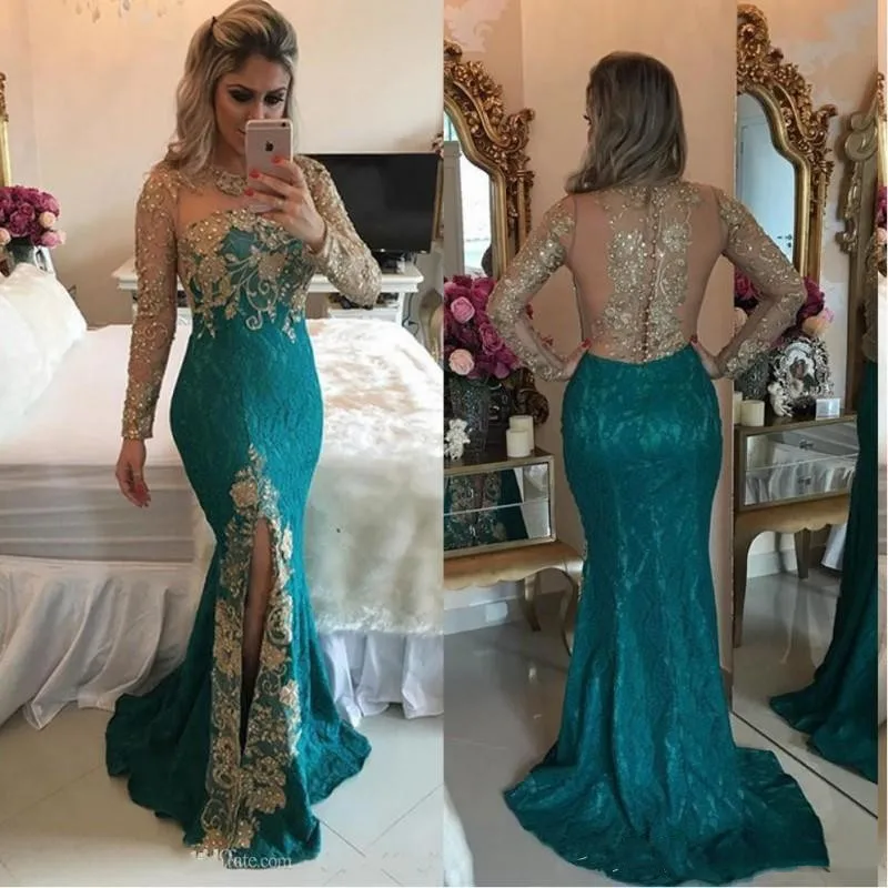 

Long Sleeve Turquoise Mermaid Prom Dresses Arabic Style Backless Sparkly Beaded Applique Front Split Sheer Evening Gowns 2020