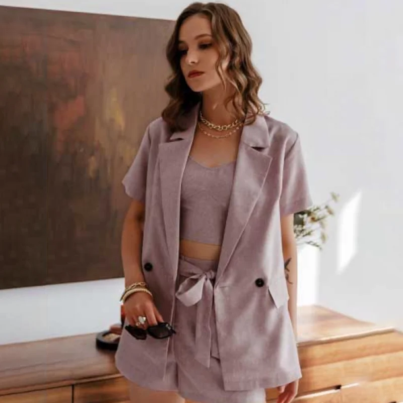 

Three Pieces Set Women Blazer Tanks and Shorts Set with Belt Female Spring Clothes Office Ladies Vintage Suits Women Elegant