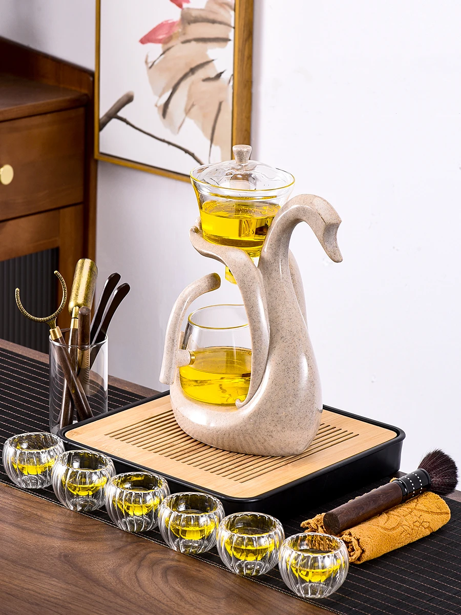 

Creative Swan Shape Semi-automatic Lazy Glass Tea Set Transparent Kungfu Drinkware Household Business Teaware