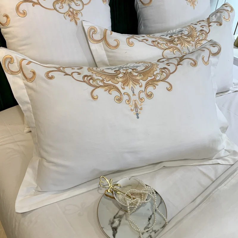 

Luxury Europe 60S Sanding Satin Egyptian Cotton Gold Fine Embroidery Bedding Set Duvet Cover Bed Sheet Pillowcases Home Textiles