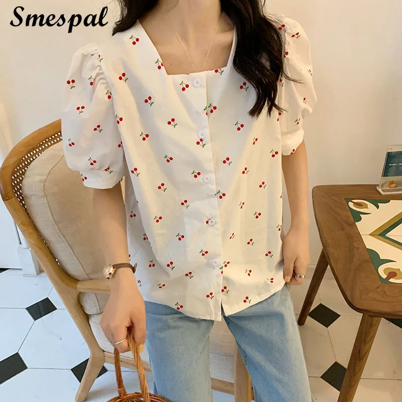 Women Vintage Cherry Pattern Puff Sleeve Tops Shirts | Женская одежда