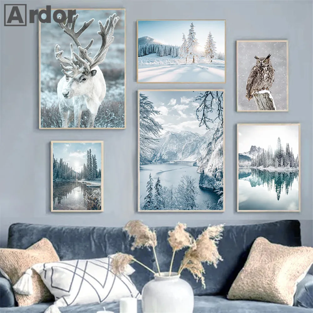 Холст с изображением совы оленя снега гор зимнее озеро пейзаж постер настенные