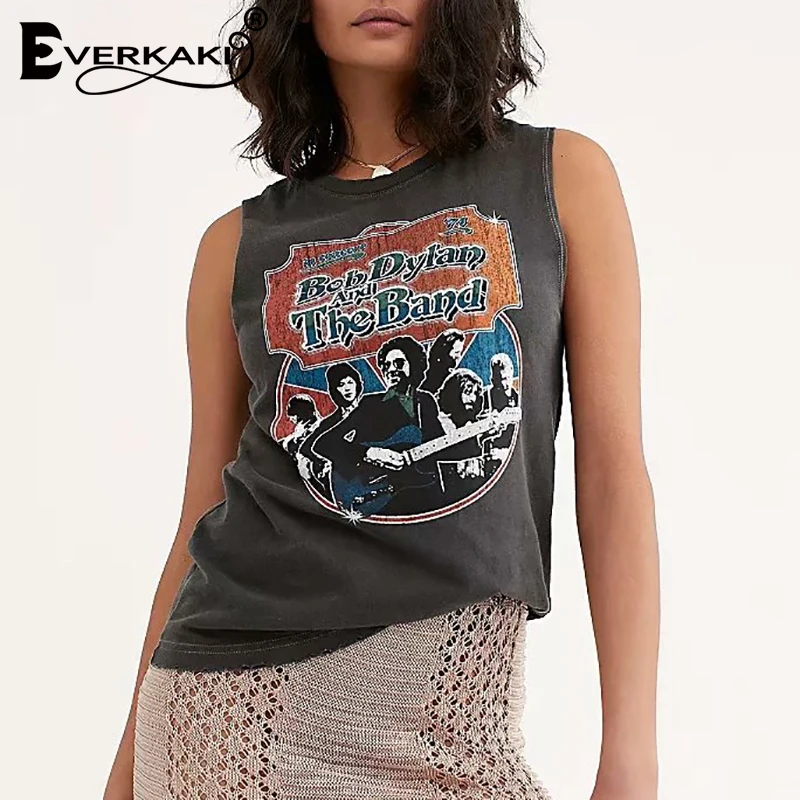 Everkaki Boho Топ Футболка Женская Популярная с принтом музыканта Без Рукавов Летняя