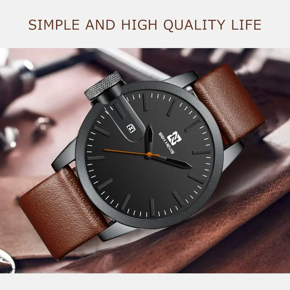 Модные Спортивные кварцевые мужские часы Ben evis с кожаным ремешком Роскошные