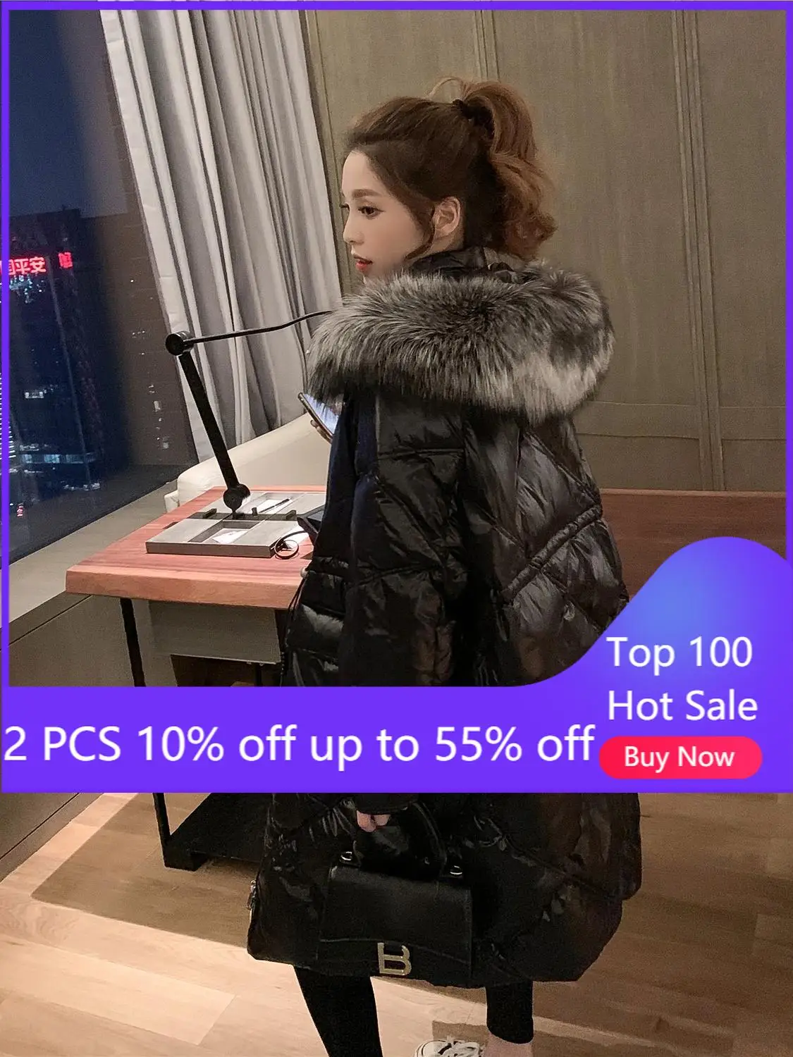 

down jacket for women winter loose thick fur collar warm outwear coats female casual long parkas 2001#
