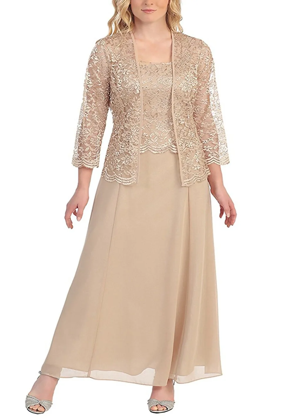 

Champange Mother Of The Bride Dresses A-line Floor Length Chiffon Lace With Jacket Long Groom Mother Dresses For Weddings