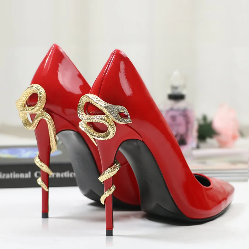 Roni Bouker Womens Luxury Genuine Leather Evening Heels Woman Red High Heel Handmade Shoes Women Gold Snake Pumps Dropshipping