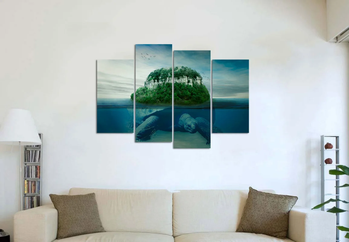 

4 Pieces Canvas Poster on The Wall Giant Sea Turtle Home Decor Poster Turtle Carrying Island HD Painting for Room Decoration