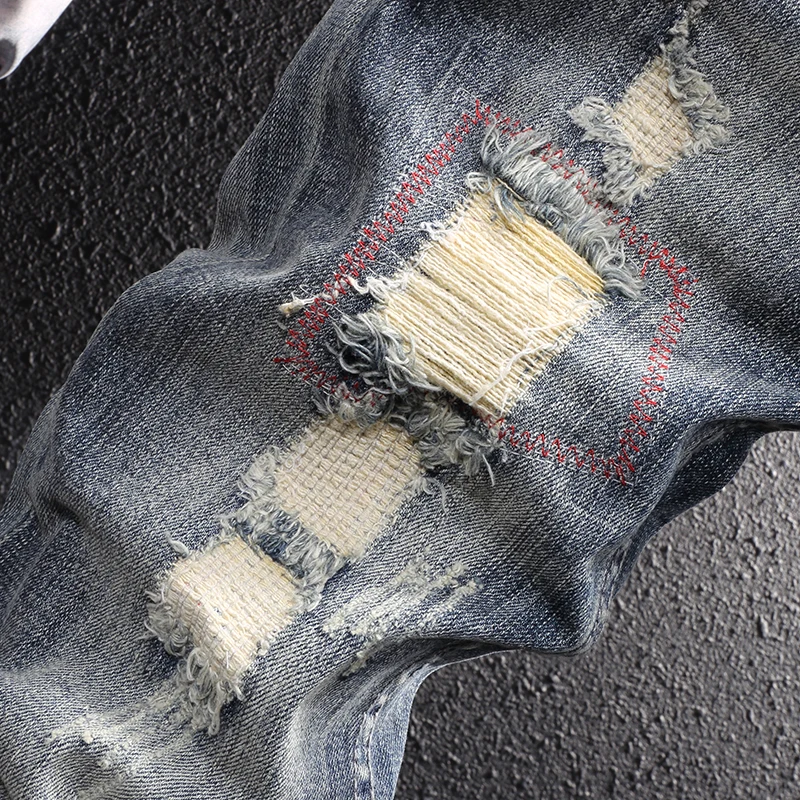 Street Style Fashion Men Jeans Retro Blue Slim Fit Destroyed Ripped Jeans Men Embroidery Designer Hip Hop Casual Denim Pants