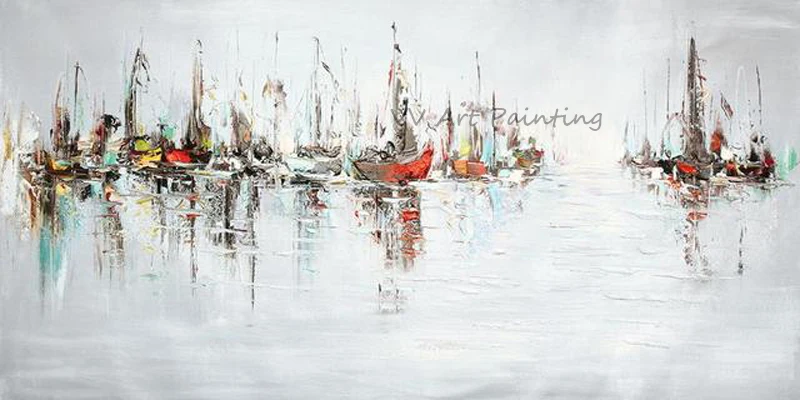 Современная Абстрактная масляная живопись ручной работы с кораблем Картина на
