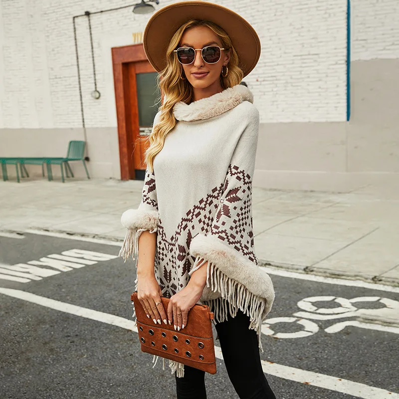 

Fashion Womens Cloak Shawl Sweater New Autumn Casual Hot Sale Furry Turtleneck Pullover Tassel Beading Knitted Sweater Donsignet