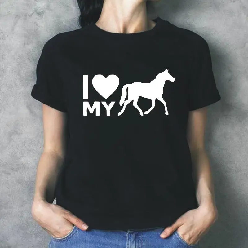 

Футболка женская с коротким рукавом и надписью «I Love My Horse»