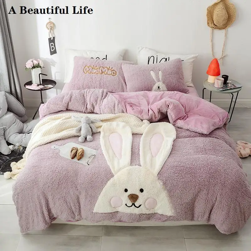 

Cartoon Pink Rabbit Unicorn Dinosaur Embroidery Fleece Fabric Child Bedding Set Flannel Velvet Duvet Cover Bed sheet Pillowcases