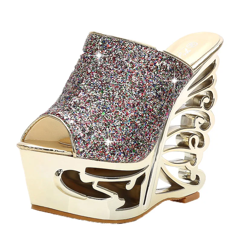 

Sexy Super High Heels Wedge with Sequins Personality Shaped with Wedding Shoes Bridal Shoes Sandals and Slippers Womens Shoes
