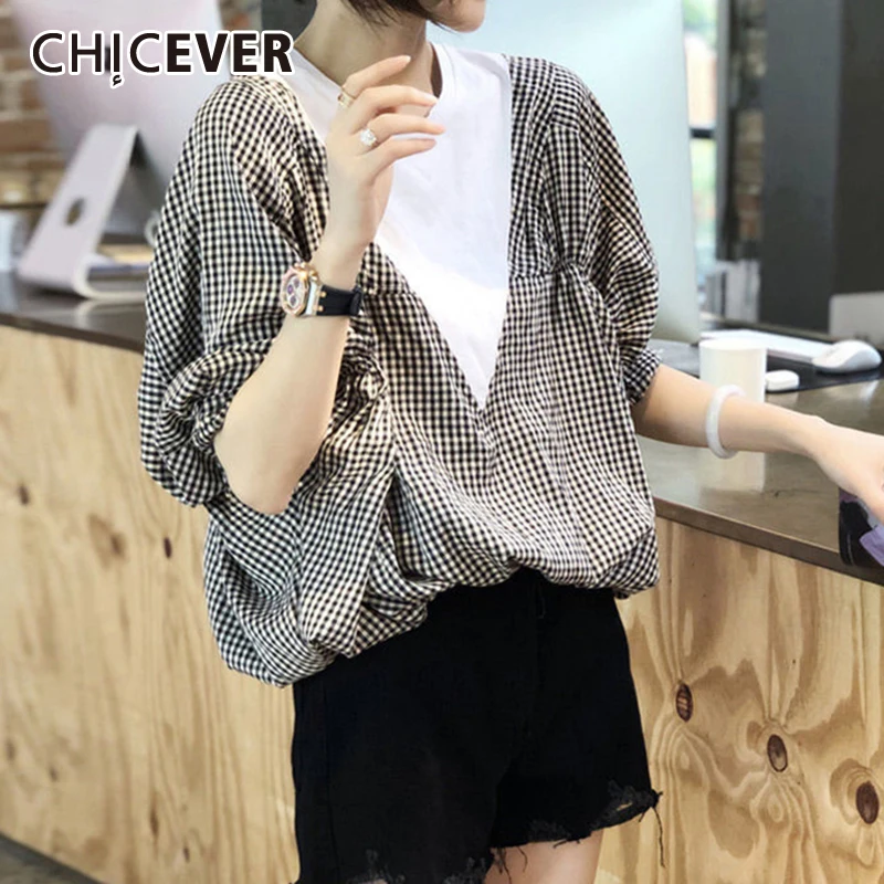

CHICEVER клетчатая рубашка для женщин с круглым вырезом, фонариком, коротким рукавом, хитовый цвет, лоскутные Свободные повседневные блузки, же...
