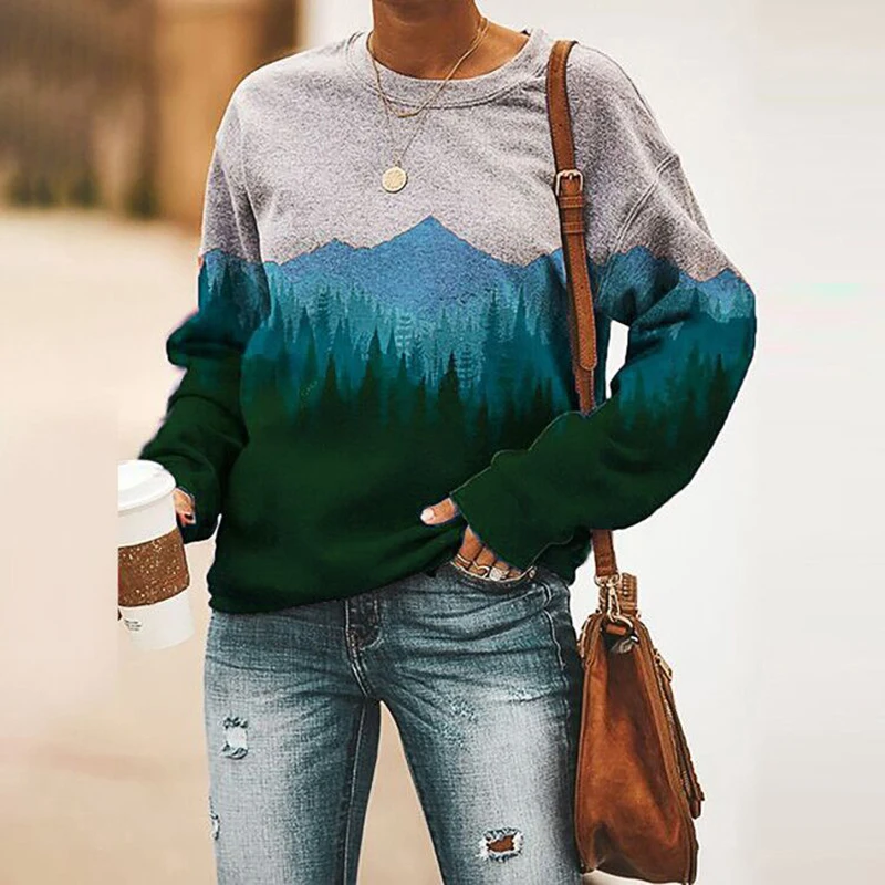 

Loose Casual Forest Print Sweatshirt Pullover Women Long Sleeve Casual Top Autumn Spring Winter FEA889