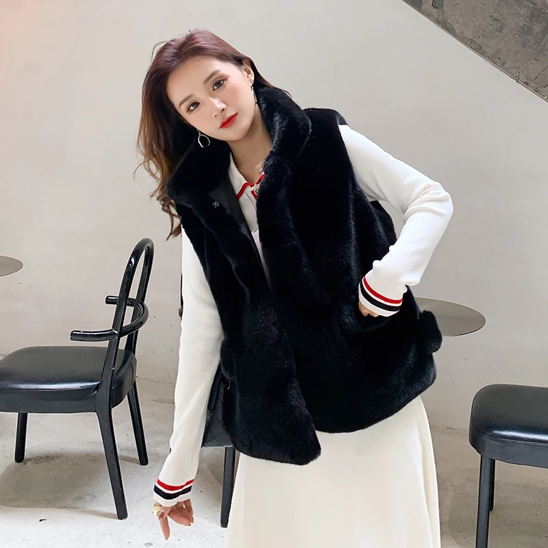 Женский зимний меховой жилет 2019 Однотонный женский с карманами короткая куртка