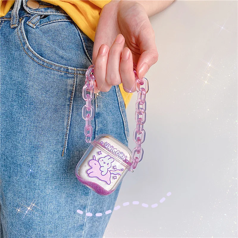 

For Air Pods Case with Keychain 3D New Cute Bear Rabbit Luxury Earphone Case Hard PC Quicksand Cover For Airpods 2 Case Coque