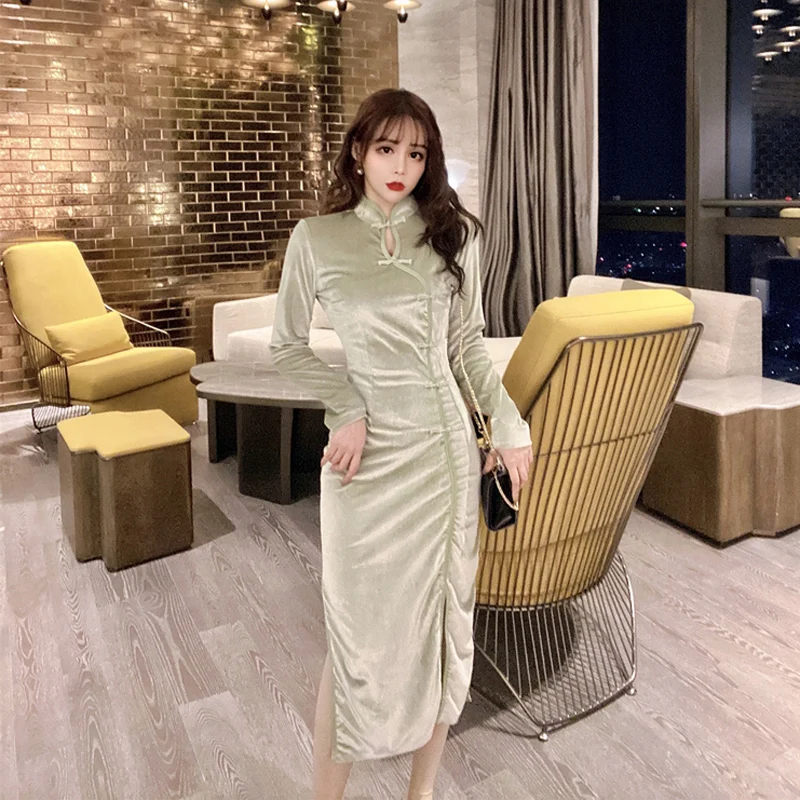 Женское вельветовое платье в китайском стиле Sungtin традиционное длинное Ципао с