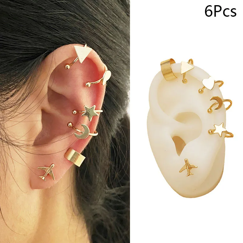 

HMES Fashion Women Earpiece Set Gold Star Moon Love Plane Earclip Vintage Accessories Stainless Steel Jewelry Gift